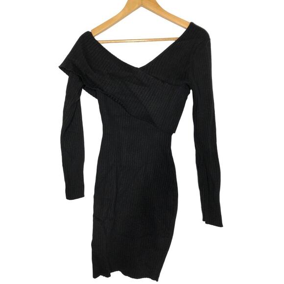 Bebe Sweater Dress Ribbed Knit Asymmetrical Off The Shoulder Bodycon Black NWT S - Picture 5 of 8